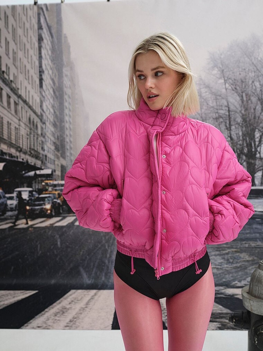NWT For Love And Lemons Ichika Puffer Jacket - Hot Pink Quilted Hearts - XS